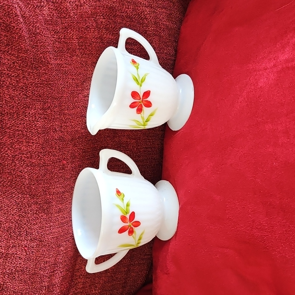 MCM milk glass Creamer and Sugar bowl with red flower